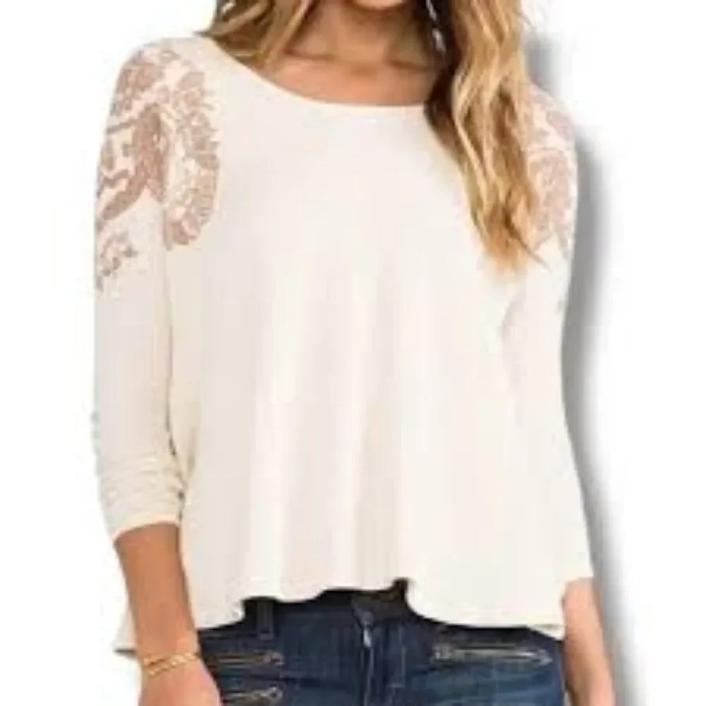 Free People We the Free Rockabilly Printed Raglan Boho Waffle Knit Top Medium